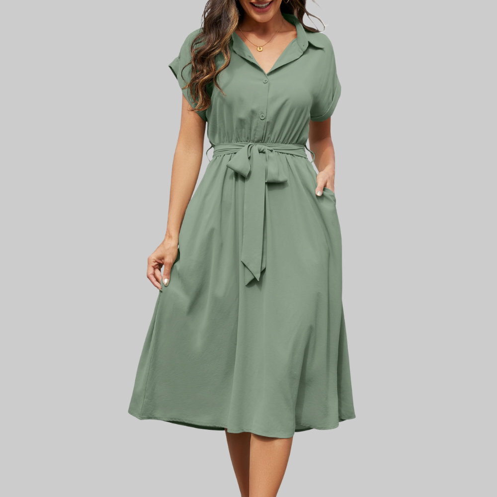 Audrey Vestido Camisa para Mujer – Vestido Midi con Escote en V, Mangas Cortas y Bolsillos