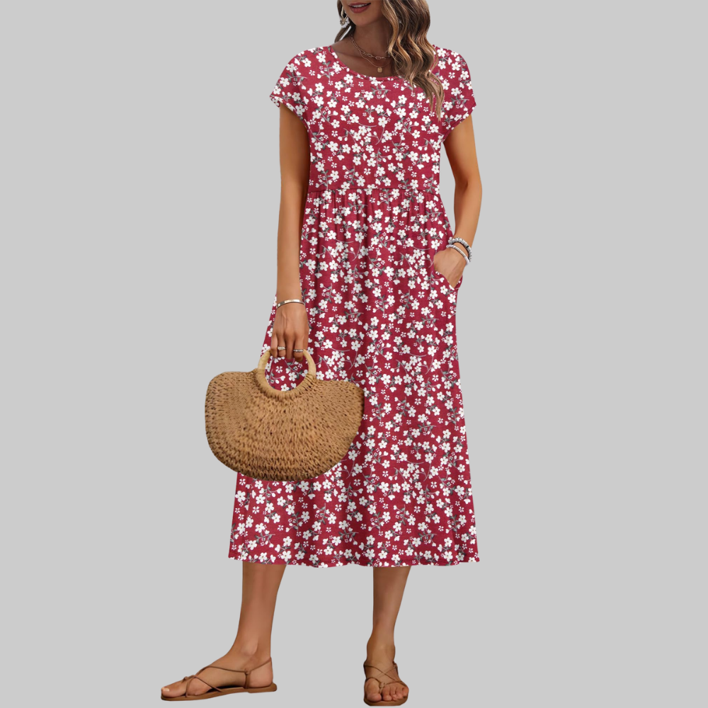 Mila Vestido Midi para Mujer – Vestido de Verano Línea A con Cuello Redondo, Mangas Cortas y Bolsillos