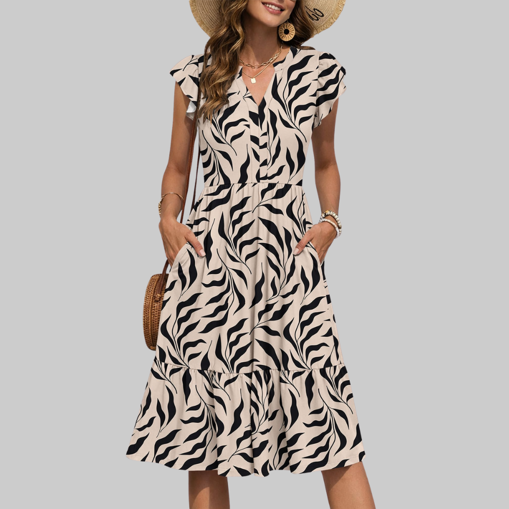 Bella Vestido Midi para Mujer – Vestido de Verano en Línea A con Escote en V, Volantes y Bolsillos