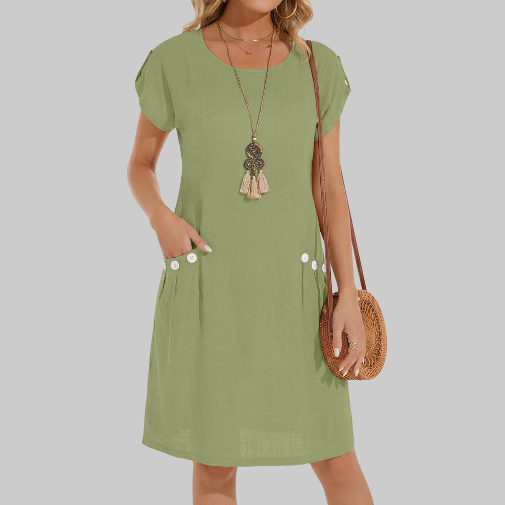 Serenity Vestido de Lino para Mujer – Vestido Midi en Línea A con Cuello Redondo y Bolsillos