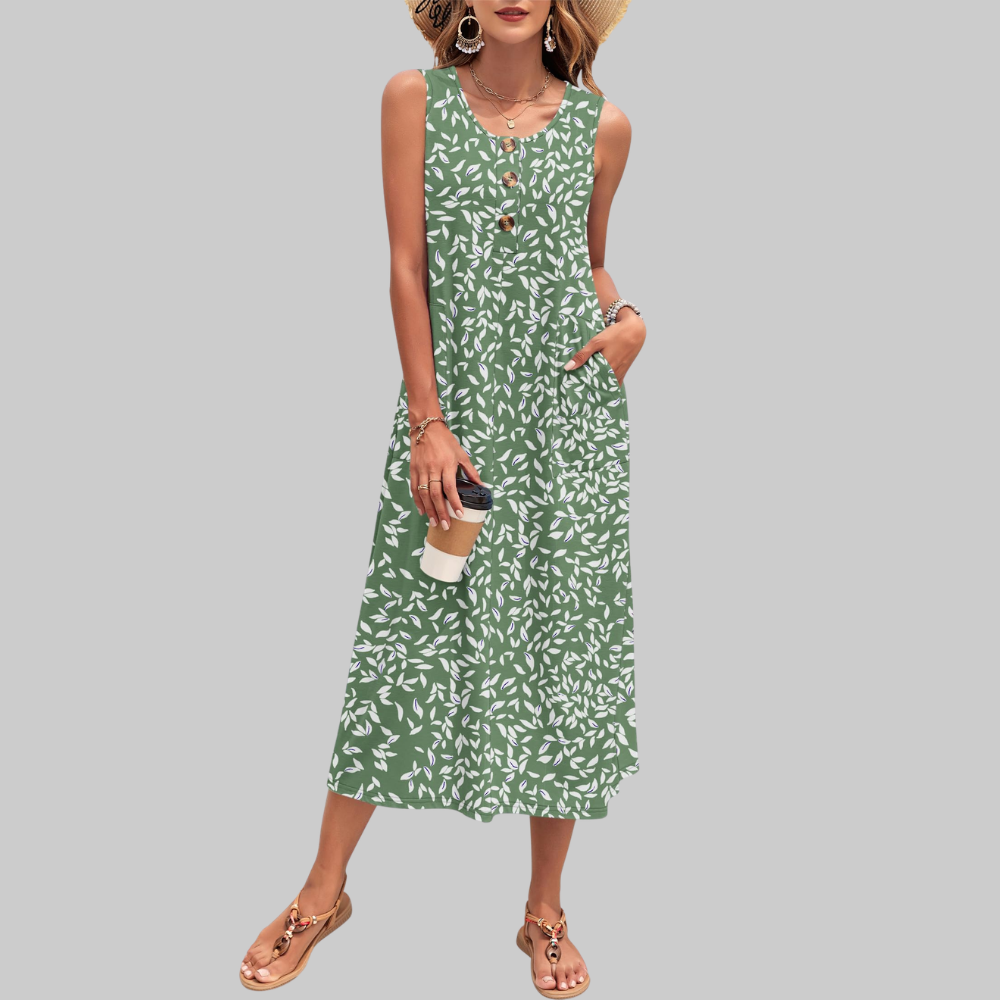 Arianne Abito Maxi Donna – Vestito Estivo Senza Maniche con Bottoni e Tasche