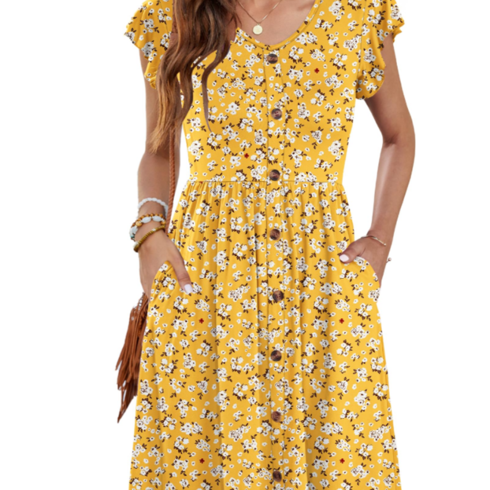 Amelia Vestido Midi para Mujer – Vestido de Verano con Escote en V, Volantes y Bolsillos