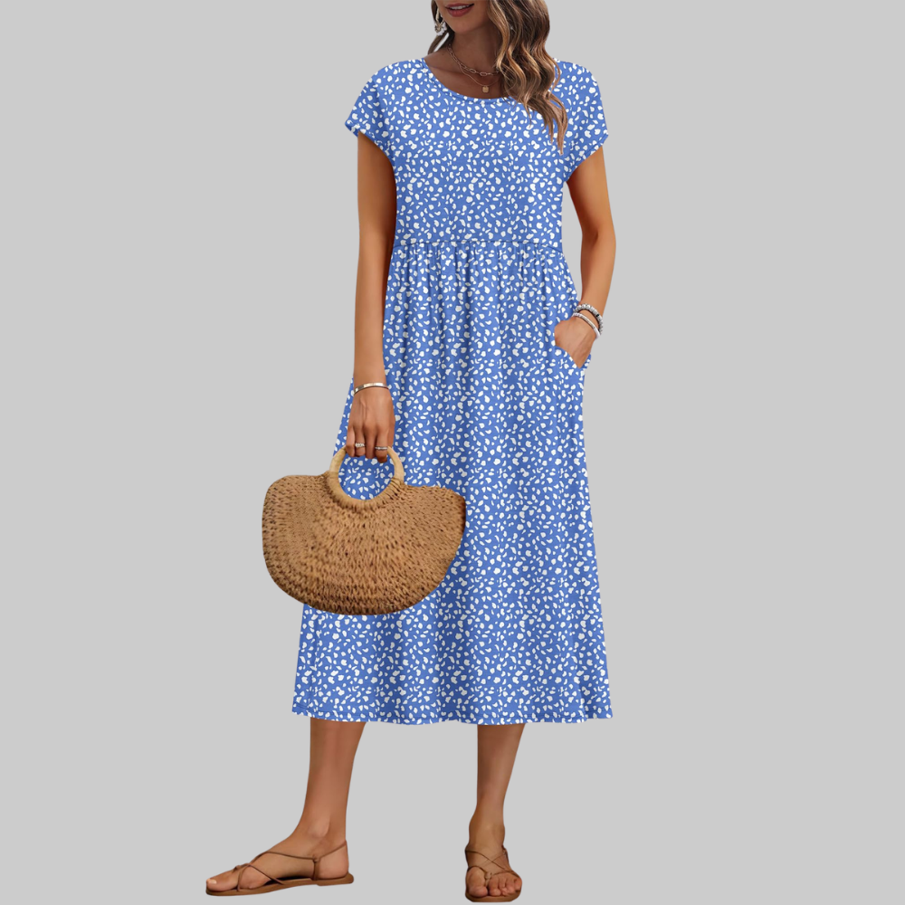 Mila Vestido Midi para Mujer – Vestido de Verano Línea A con Cuello Redondo, Mangas Cortas y Bolsillos