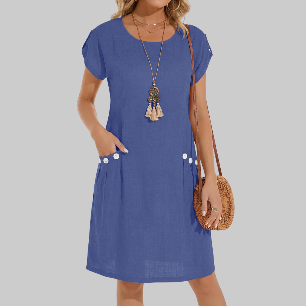 Serenity Vestido de Lino para Mujer – Vestido Midi en Línea A con Cuello Redondo y Bolsillos