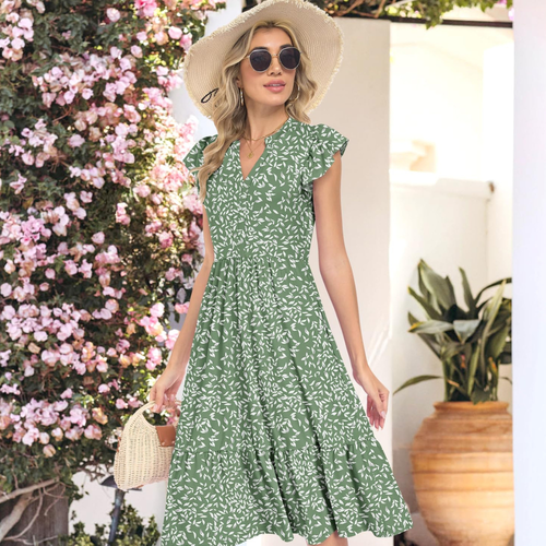 Bella Abito Midi Donna – Vestito Estivo A-Line con Scollo a V, Volant e Tasche