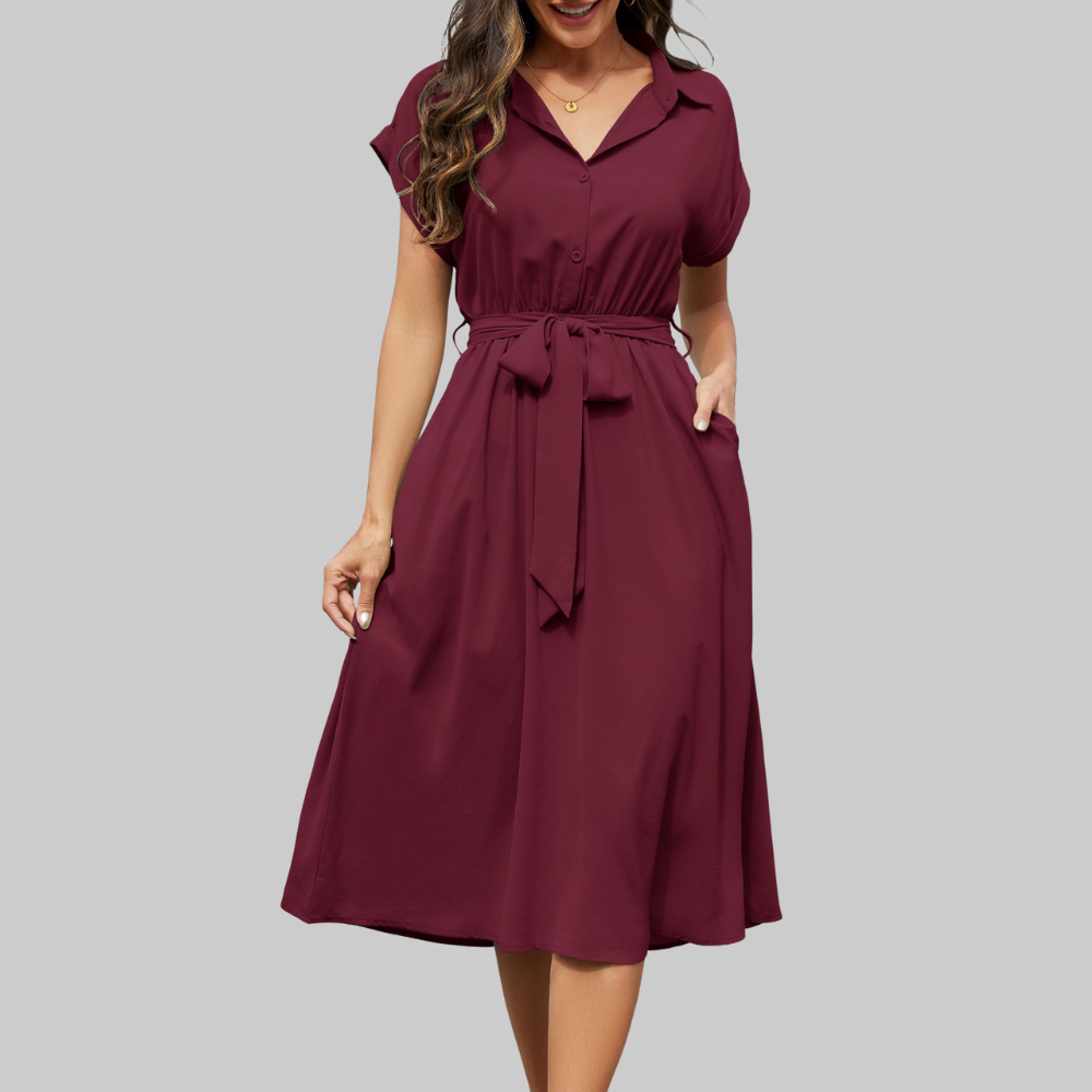 Audrey Vestido Camisa para Mujer – Vestido Midi con Escote en V, Mangas Cortas y Bolsillos