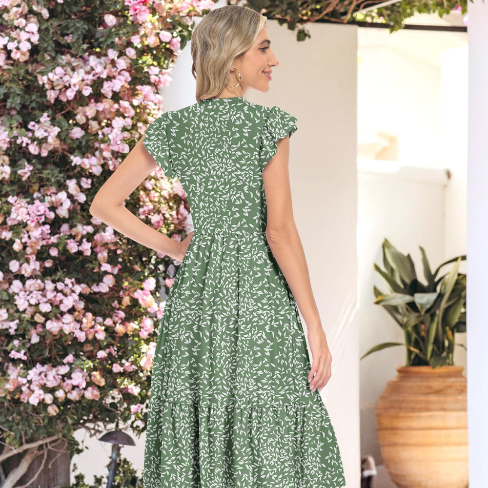 Bella Vestido Midi para Mujer – Vestido de Verano en Línea A con Escote en V, Volantes y Bolsillos