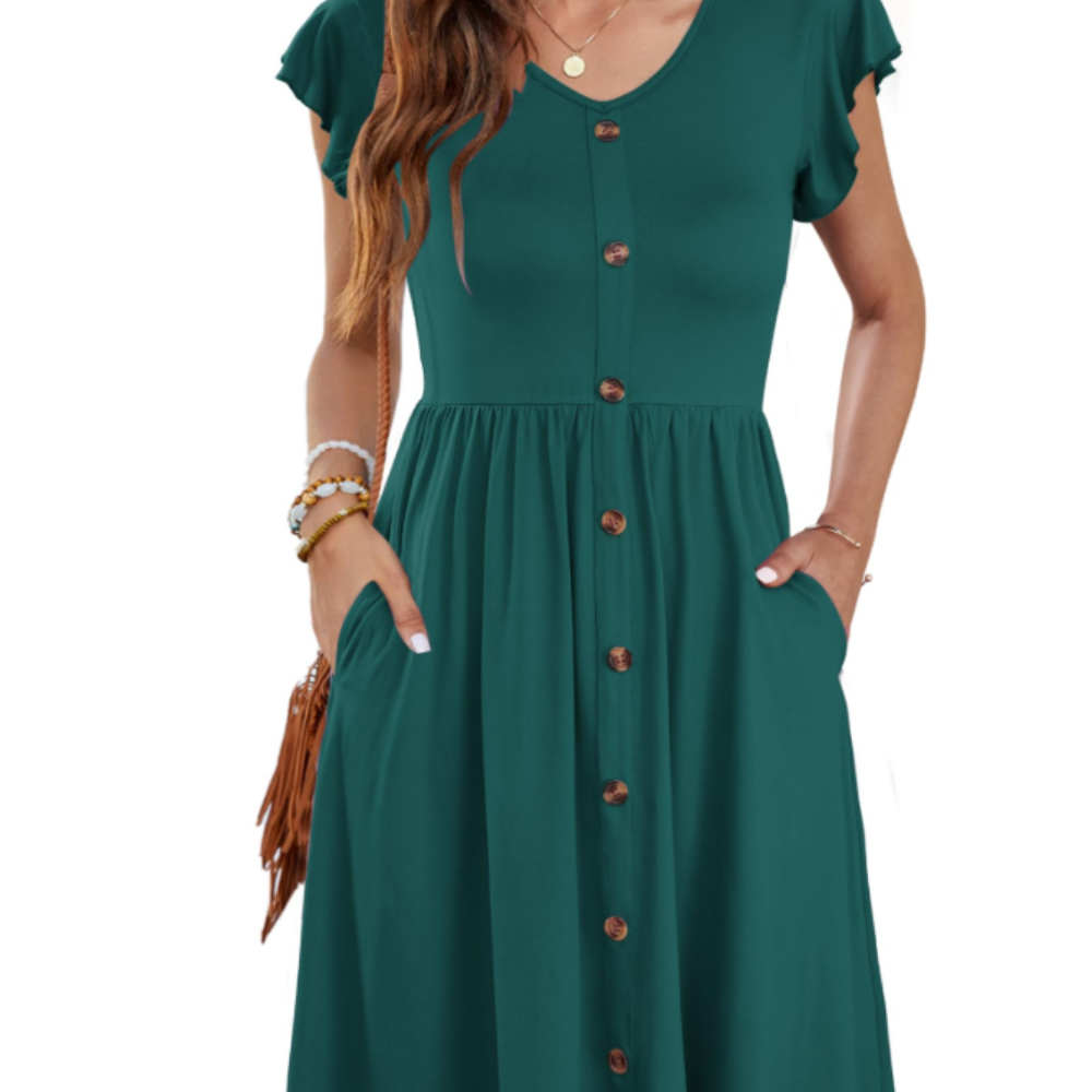 Amelia Vestido Midi para Mujer – Vestido de Verano con Escote en V, Volantes y Bolsillos