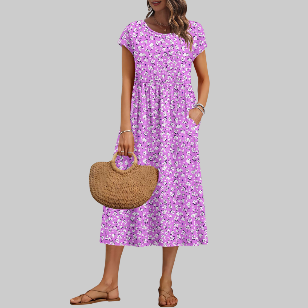 Mila Vestido Midi para Mujer – Vestido de Verano Línea A con Cuello Redondo, Mangas Cortas y Bolsillos
