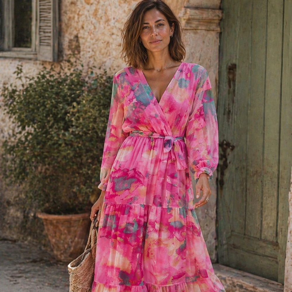 Elia Robe Femme Florale – Robe Midi Plissée Élégante, Été Romantique Chic