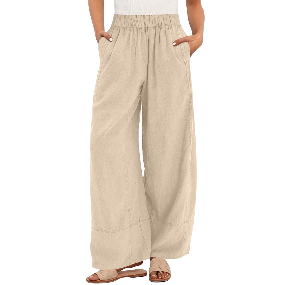 Aurora Pantaloni in Lino Donna – Modello Wide Leg con Vita Elastica e Tasche