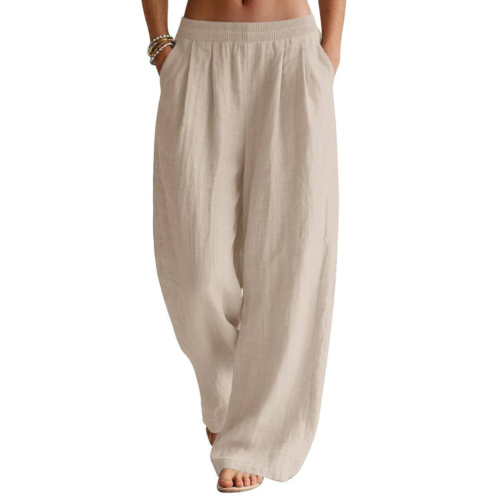 Bianca Pantaloni in Lino Donna – Modello Palazzo Wide Leg con Vita Elastico e Tasche