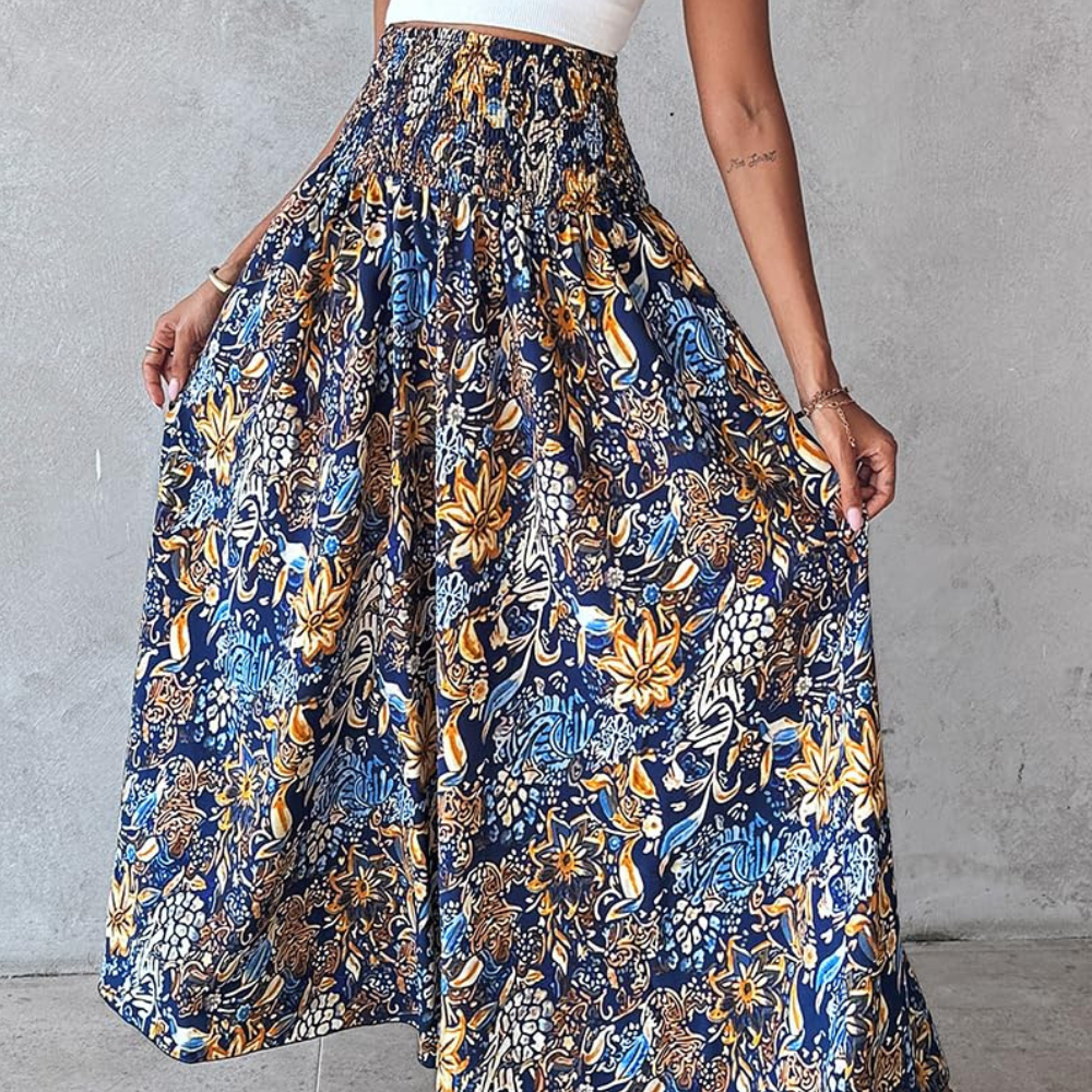 Thea Pantaloni Palazzo Donna – Modello Boho Floreale a Vita Alta
