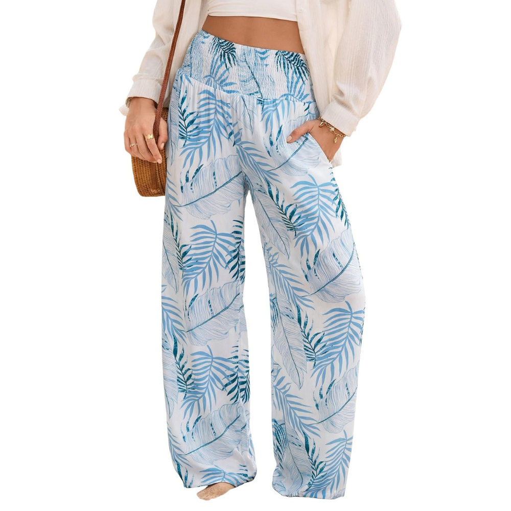 Rebecca Pantaloni Palazzo Donna – Modello Boho Floreale a Vita Smock con Tasche