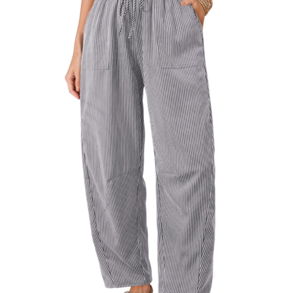 Livy Pantaloni Barrel Donna – Modello a Righe con Vita Paperbag e Tasche