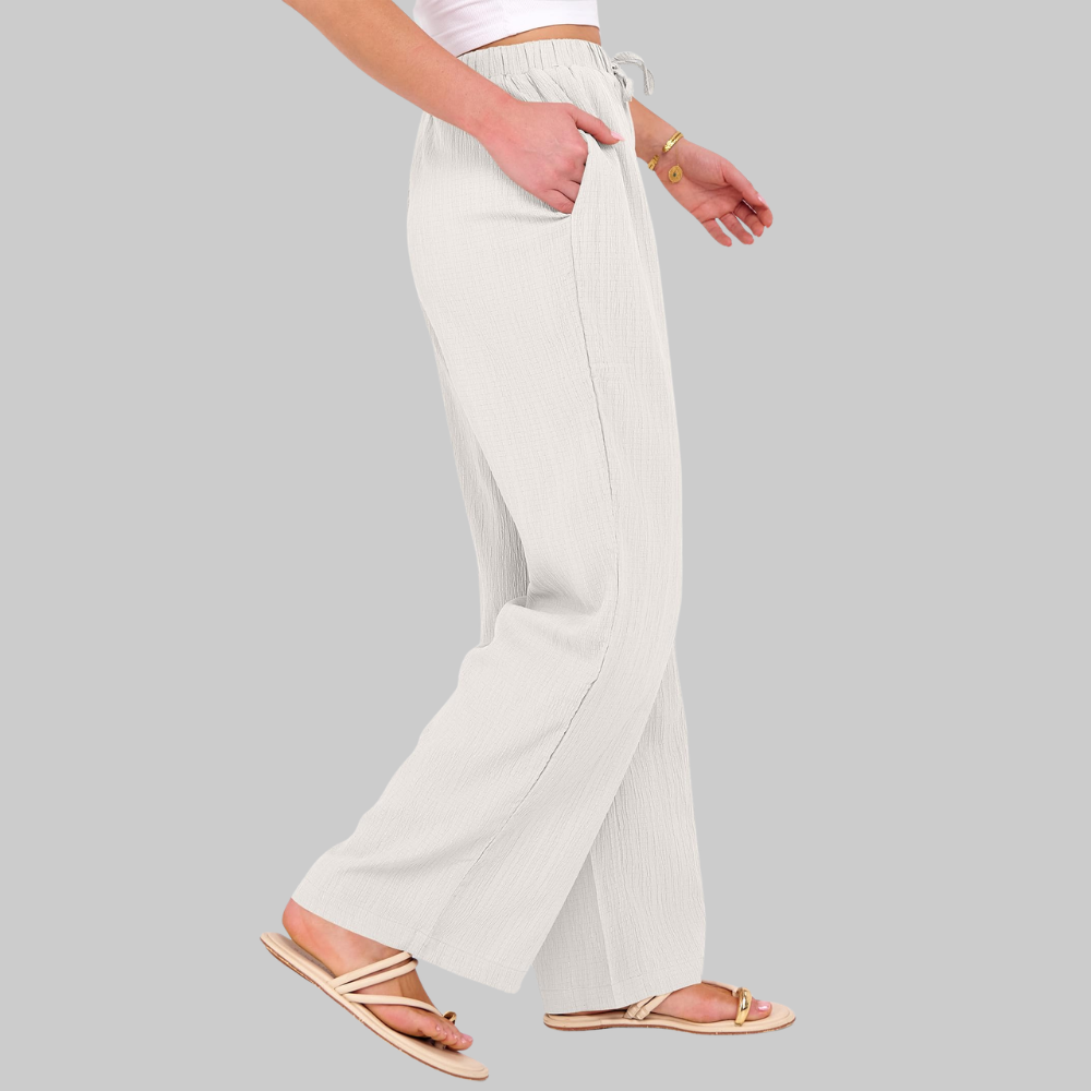 Evelyn Pantalon Palazzo Femme – Modèle Estival à Jambe Large avec Cordon de Serrage et Poches