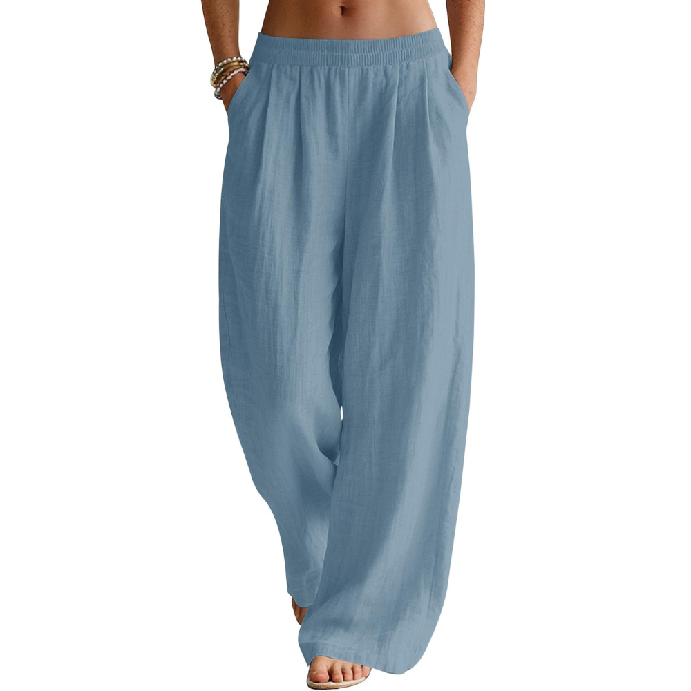 Bianca Pantaloni in Lino Donna – Modello Palazzo Wide Leg con Vita Elastico e Tasche