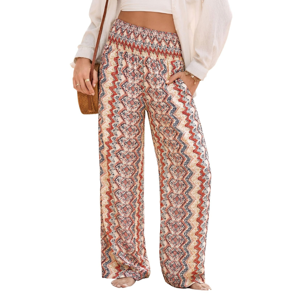Rebecca Pantaloni Palazzo Femme – Modèle Boho Floral à Taille Smock avec Poches