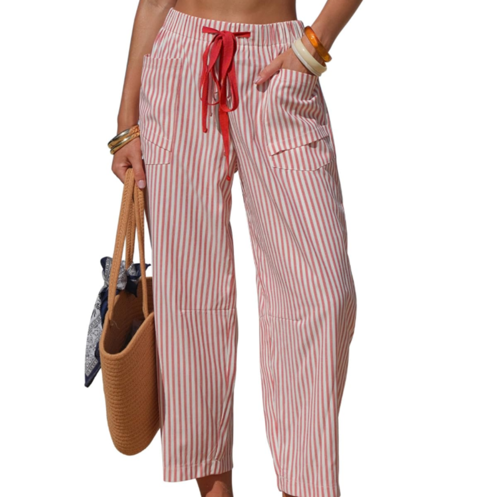 Eleanor Pantaloni Capri Donna – Modello Barrel a Righe con Coulisse e Tasche