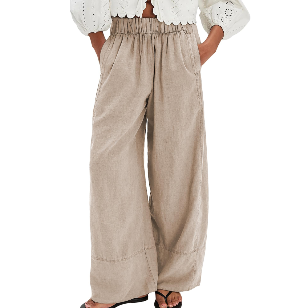 Geneviève Pantaloni en lin pour femme – Pantalon Palazzo à jambes larges avec plis et poches