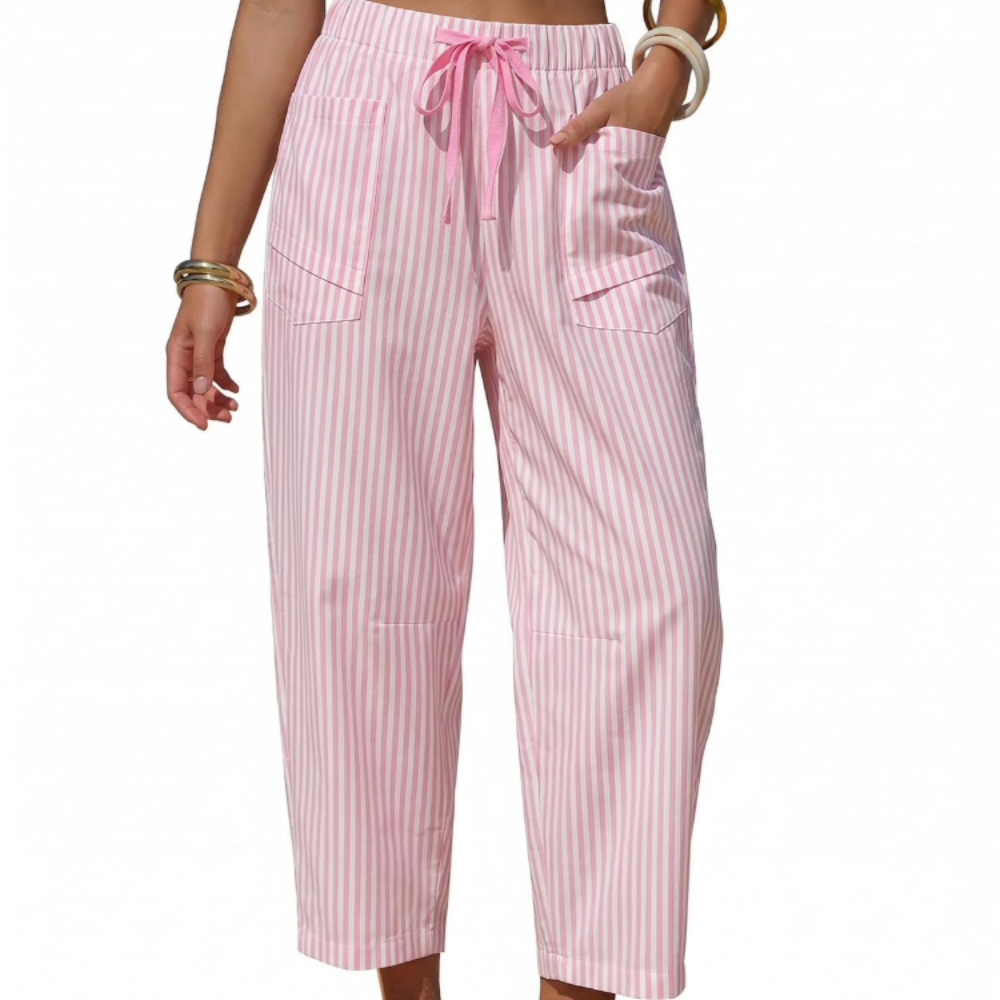Eleanor Pantaloni Capri Donna – Modello Barrel a Righe con Coulisse e Tasche