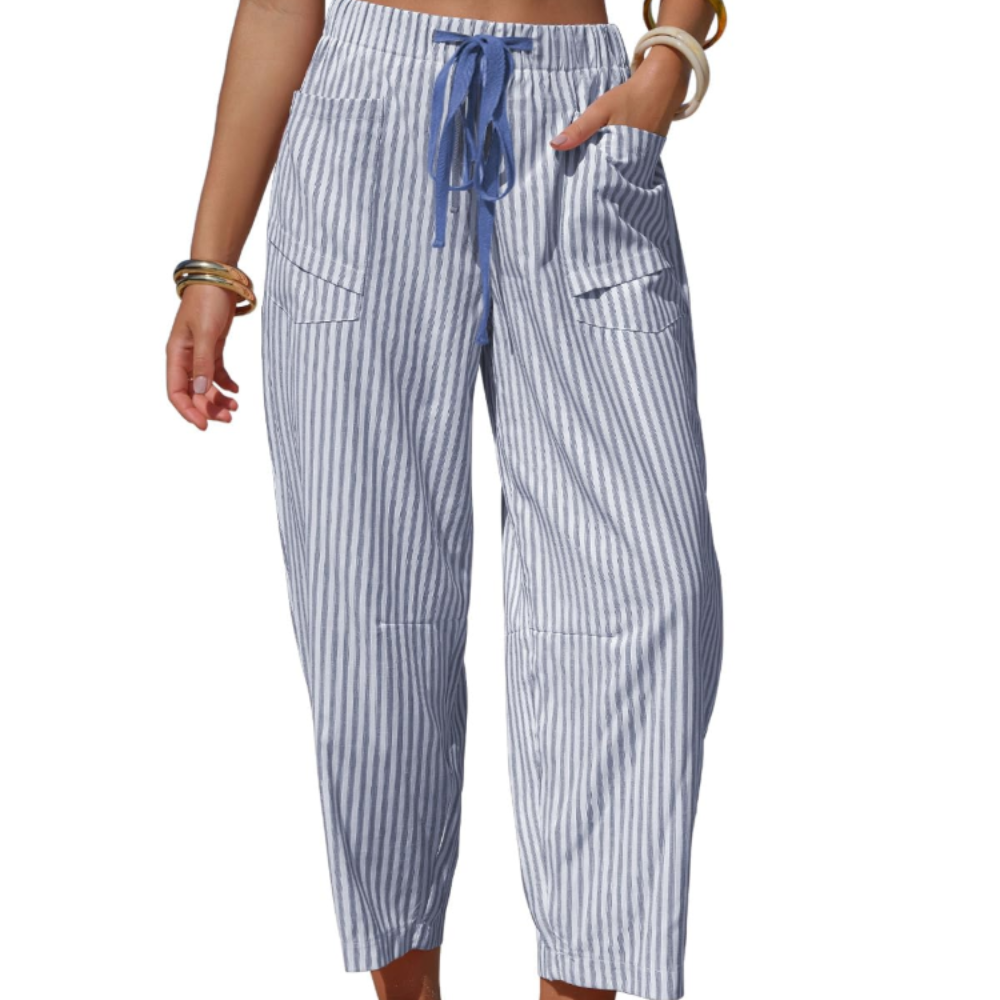 Eleanor Pantaloni Capri Donna – Modello Barrel a Righe con Coulisse e Tasche
