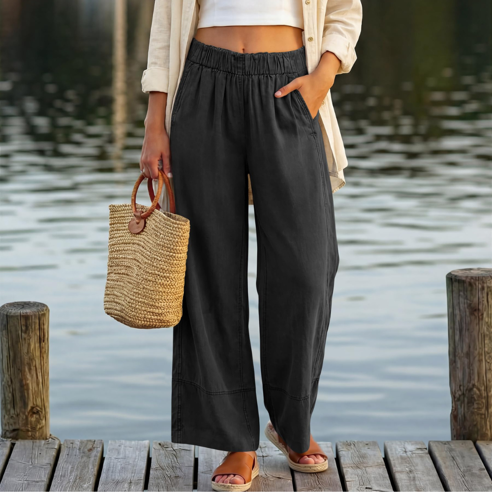 Aurora Pantalon en Lin Femme – Modèle Large avec Taille Élastique et Poches
