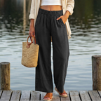 Aurora Pantalon en Lin Femme – Modèle Large avec Taille Élastique et Poches