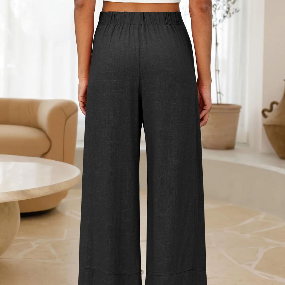 Aurora Pantalon en Lin Femme – Modèle Large avec Taille Élastique et Poches