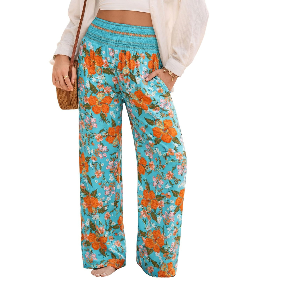 Rebecca Pantaloni Palazzo Donna – Modello Boho Floreale a Vita Smock con Tasche