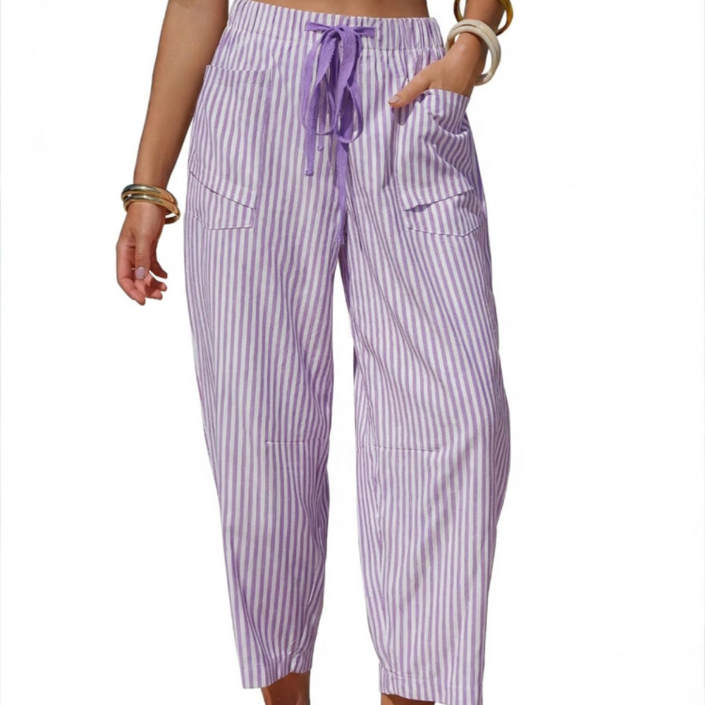 Eleanor Pantaloni Capri Donna – Modello Barrel a Righe con Coulisse e Tasche