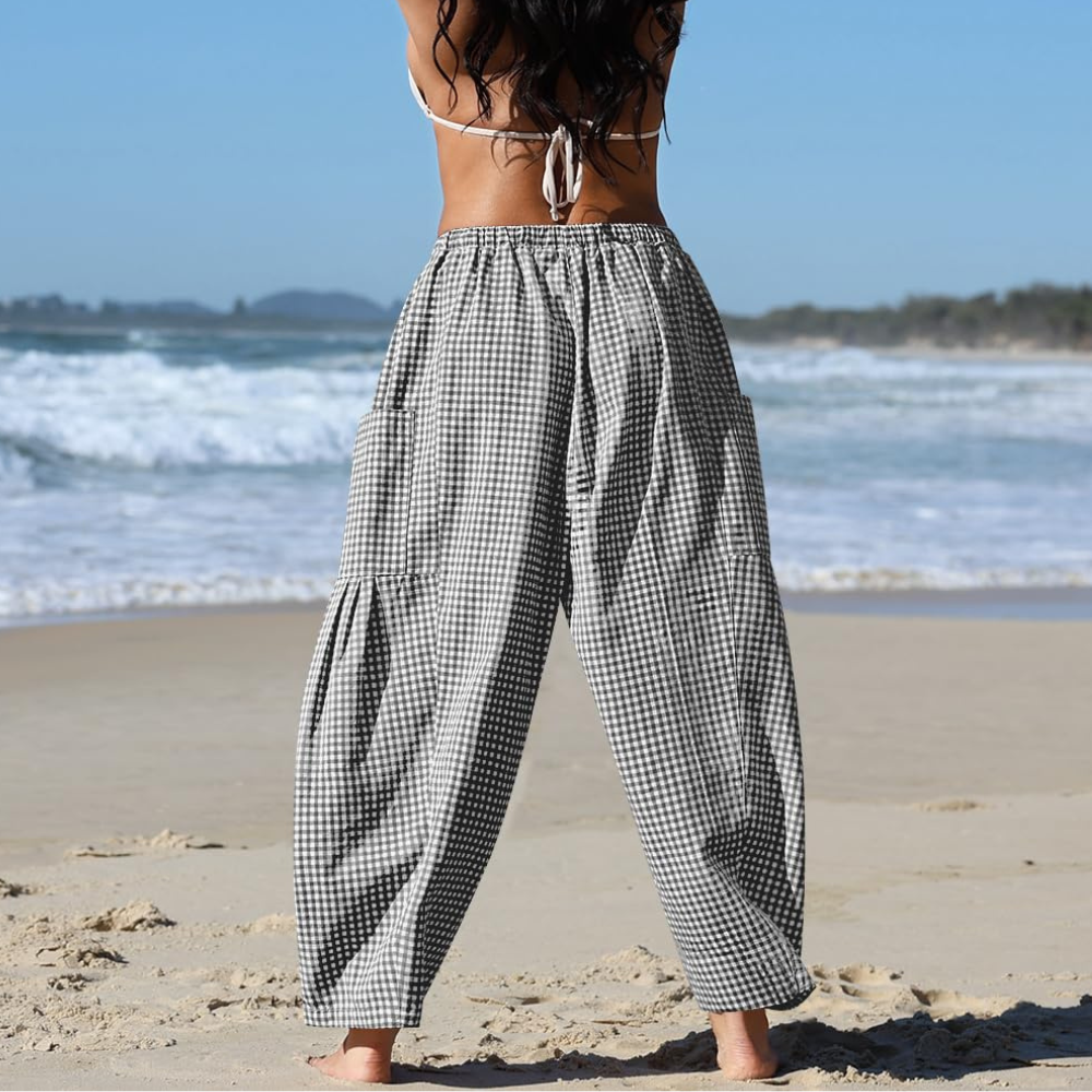 Vivian Pantalon en lin pour femme – Modèle Harem à jambes larges avec cordon de serrage et poches