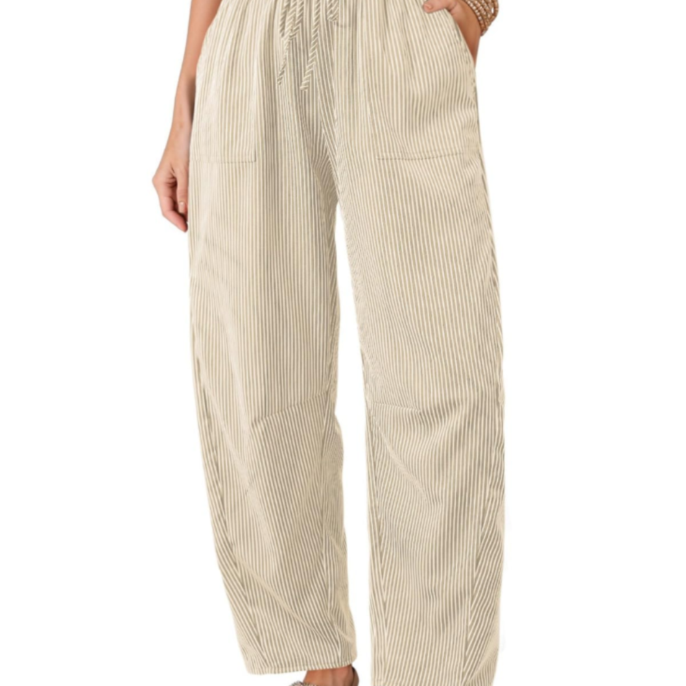 Livy Pantaloni Barrel Donna – Modello a Righe con Vita Paperbag e Tasche