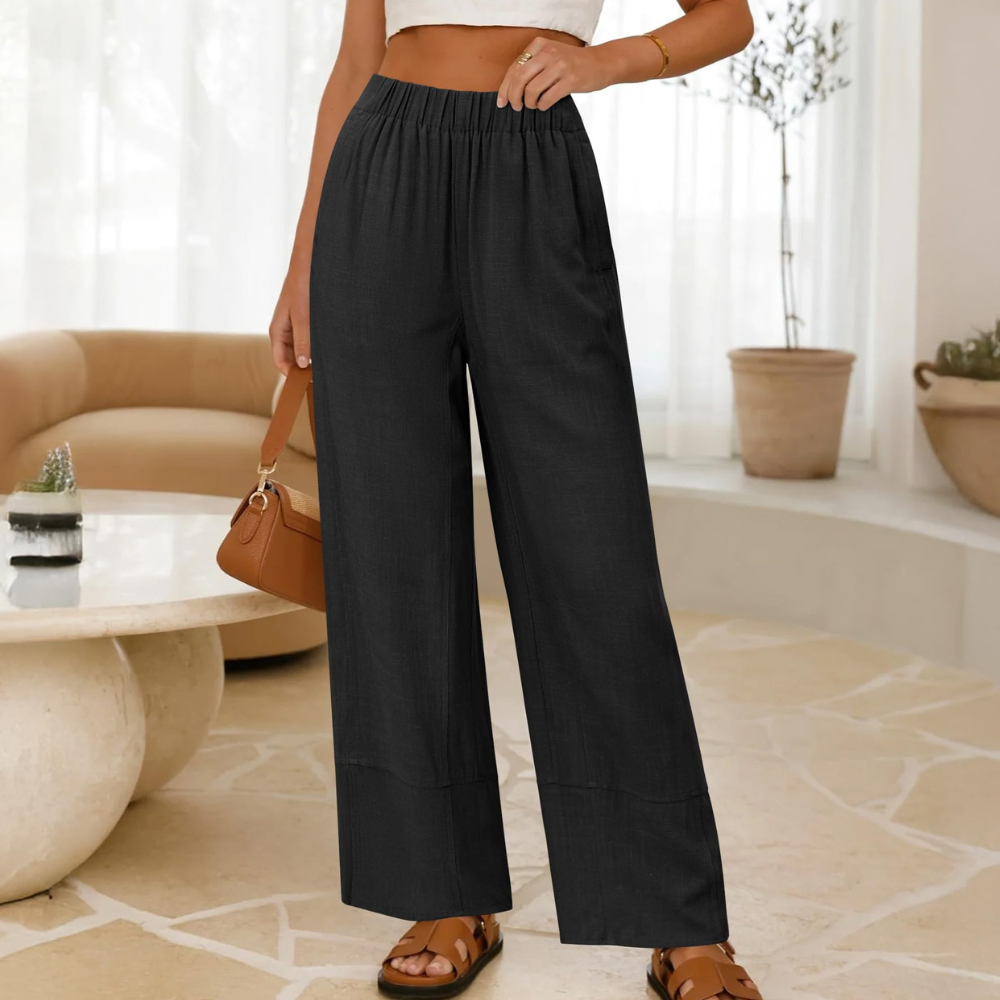 Aurora Pantalon en Lin Femme – Modèle Large avec Taille Élastique et Poches