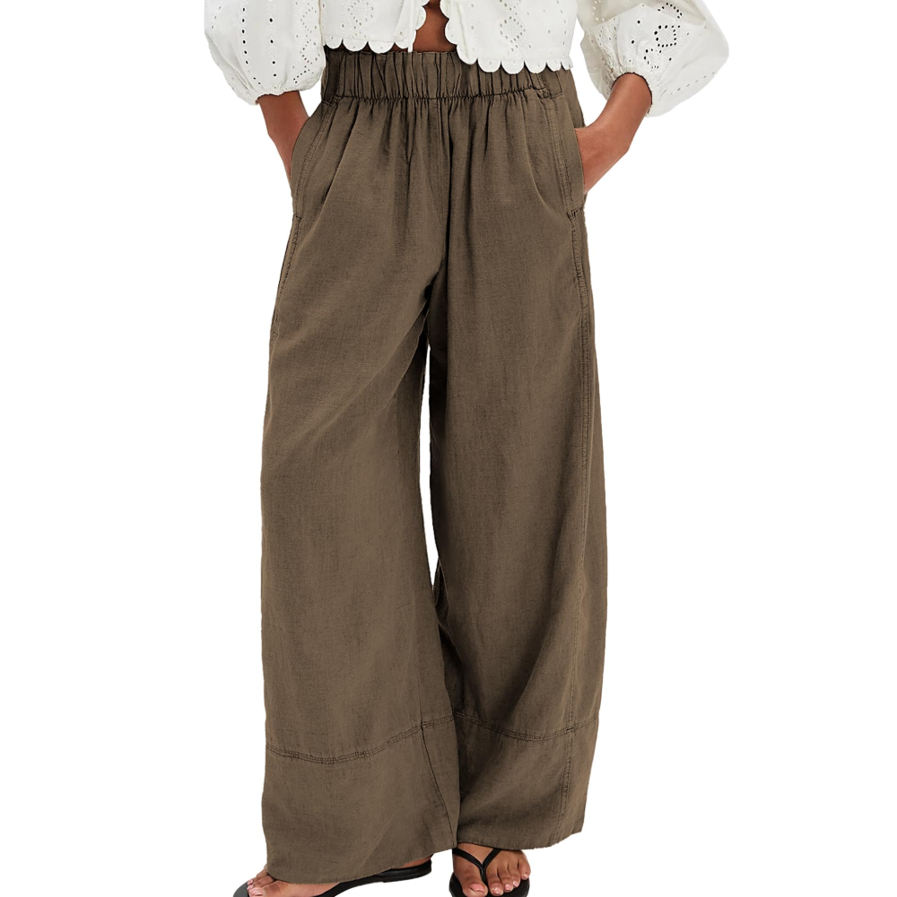 Genevieve Pantaloni in Lino Donna – Palazzo Wide Leg con Pieghe e Tasche