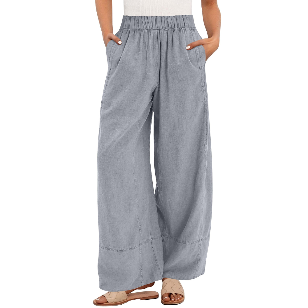 Aurora Pantaloni in Lino Donna – Modello Wide Leg con Vita Elastica e Tasche