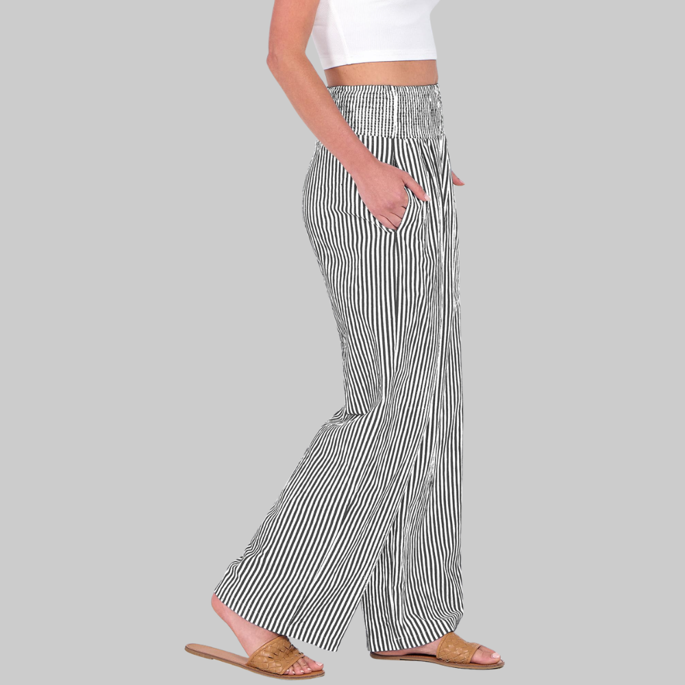 Nova Pantaloni Palazzo Donna – Modello a Vita Alta con Fantasia Righe e Tasche