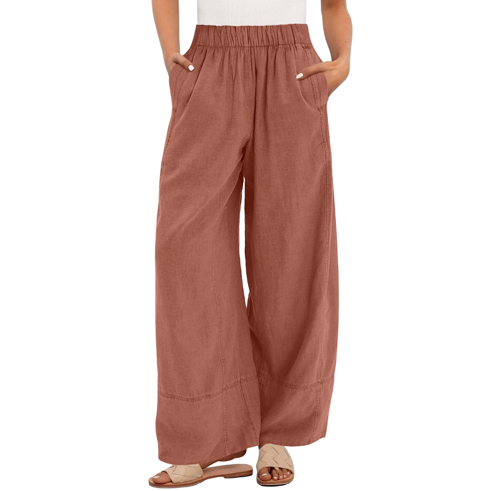 Aurora Pantaloni in Lino Donna – Modello Wide Leg con Vita Elastica e Tasche
