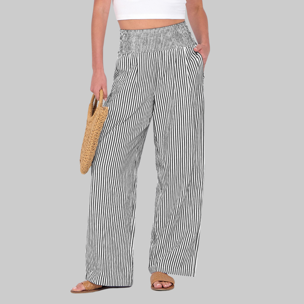 Nova Pantaloni Palazzo Donna – Modello a Vita Alta con Fantasia Righe e Tasche