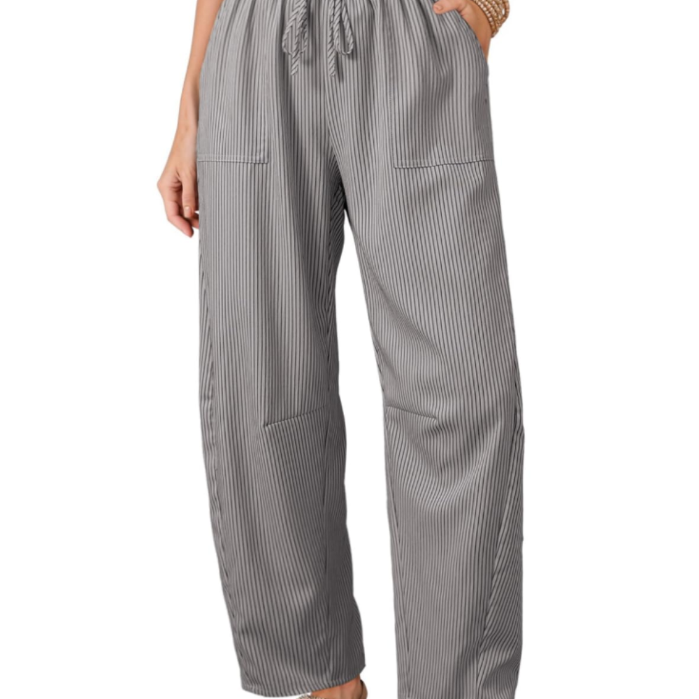 Livy Pantaloni Barrel Donna – Modello a Righe con Vita Paperbag e Tasche