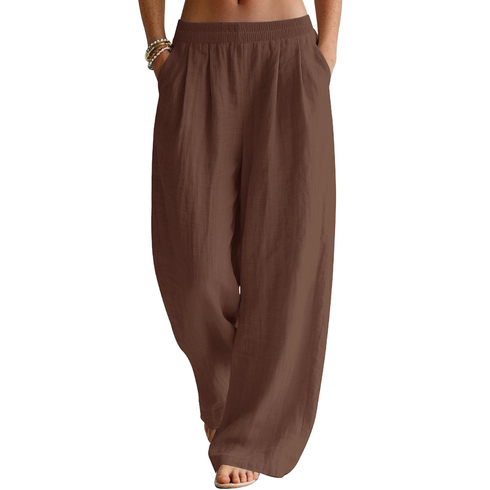 Bianca Pantaloni in Lino Donna – Modello Palazzo Wide Leg con Vita Elastico e Tasche