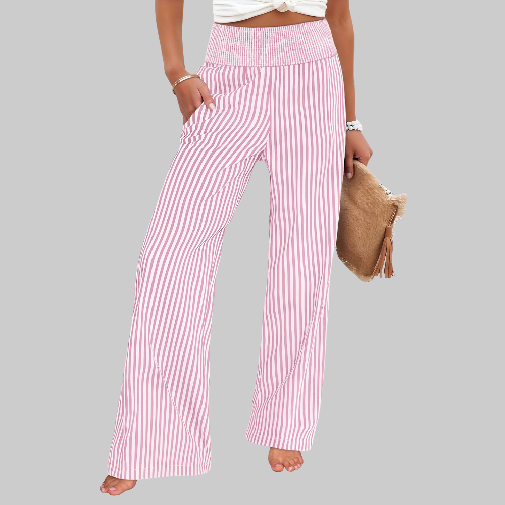 Nova Pantaloni Palazzo Donna – Modello a Vita Alta con Fantasia Righe e Tasche