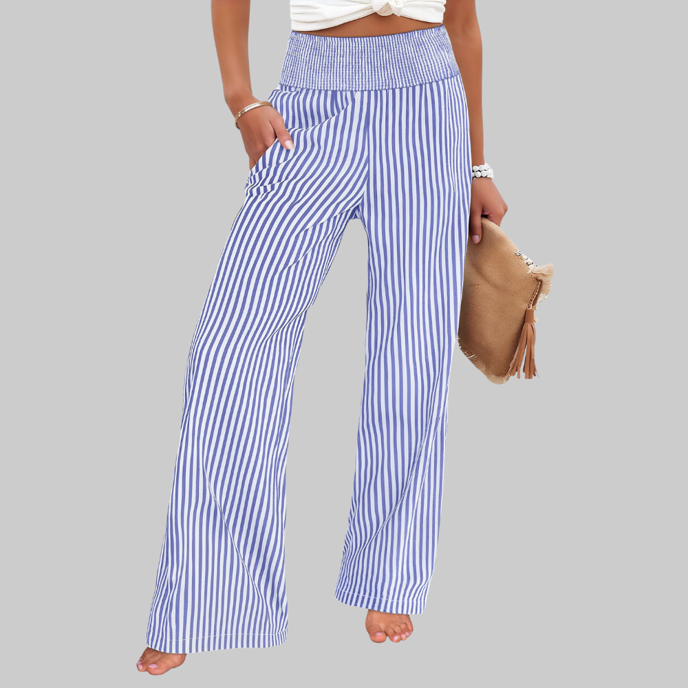Nova Pantaloni Palazzo Donna – Modello a Vita Alta con Fantasia Righe e Tasche