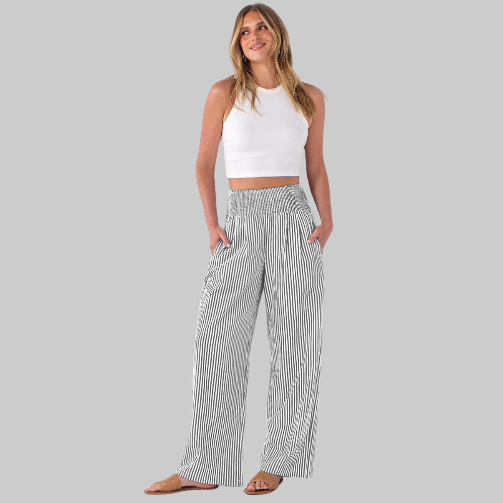 Nova Pantaloni Palazzo Donna – Modello a Vita Alta con Fantasia Righe e Tasche