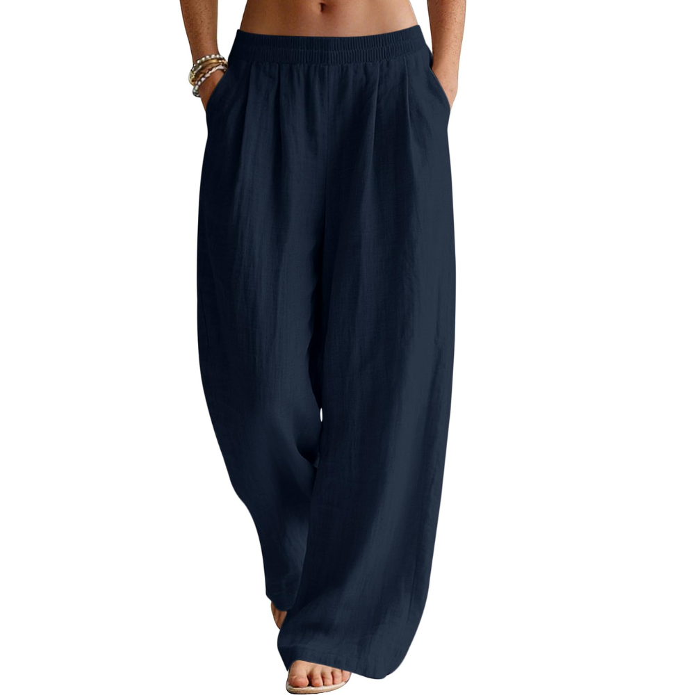 Bianca Pantaloni in Lino Donna – Modello Palazzo Wide Leg con Vita Elastico e Tasche