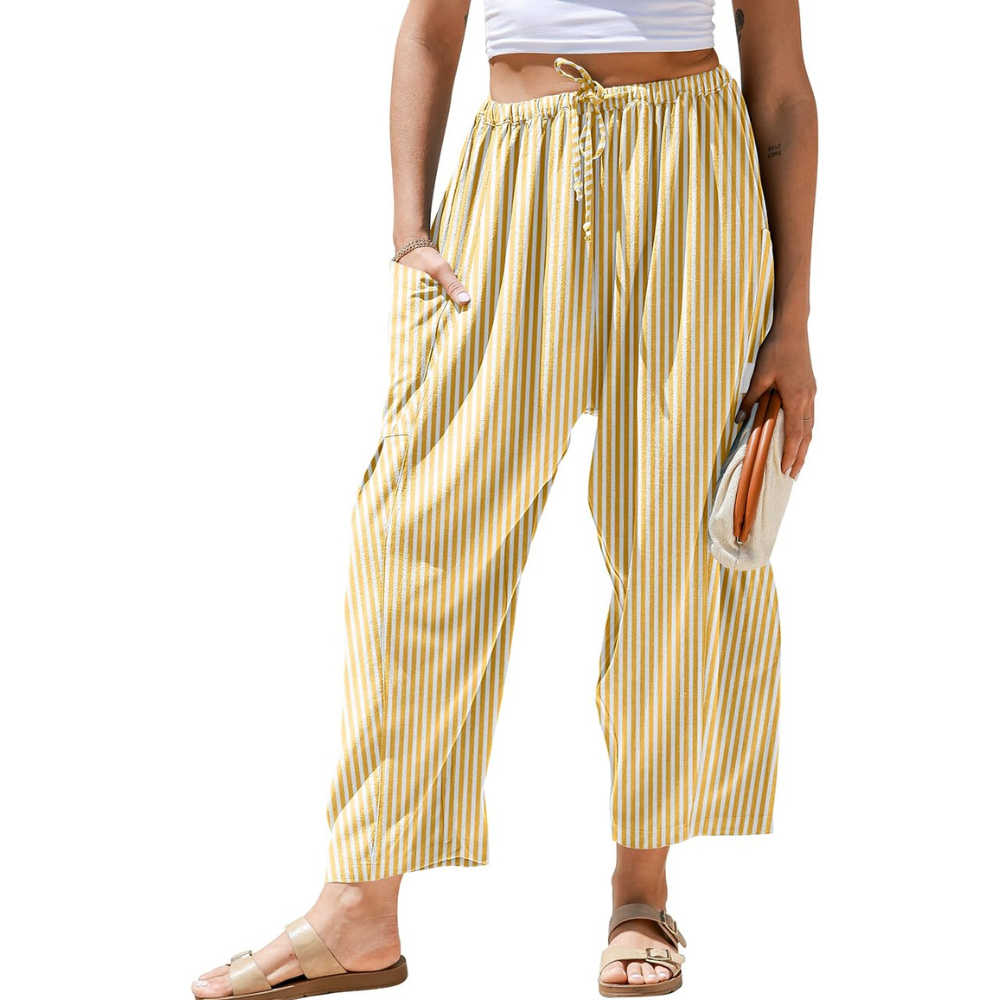 Vivian Pantaloni in Lino Donna – Modello Harem Wide Leg con Coulisse e Tasche