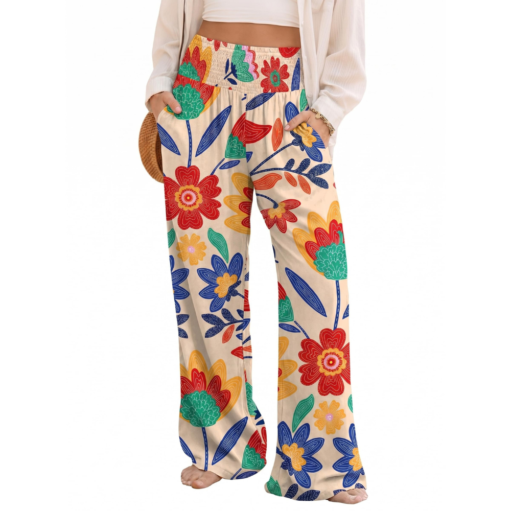 Rebecca Pantaloni Palazzo Donna – Modello Boho Floreale a Vita Smock con Tasche