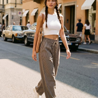 Livy Pantalon Barrel Femme – Modèle à Rayures avec Taille Paperbag et Poches
