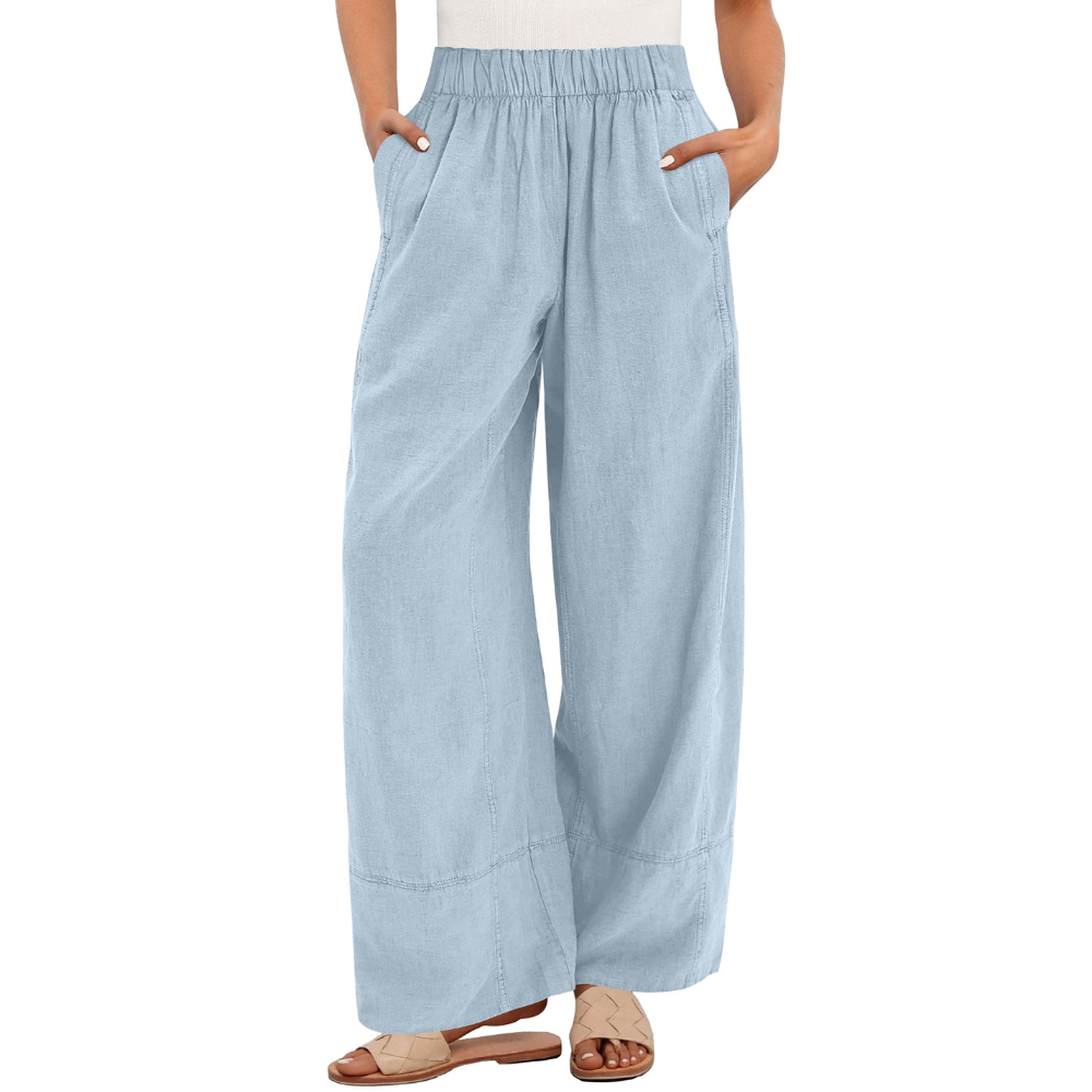 Aurora Pantaloni in Lino Donna – Modello Wide Leg con Vita Elastica e Tasche