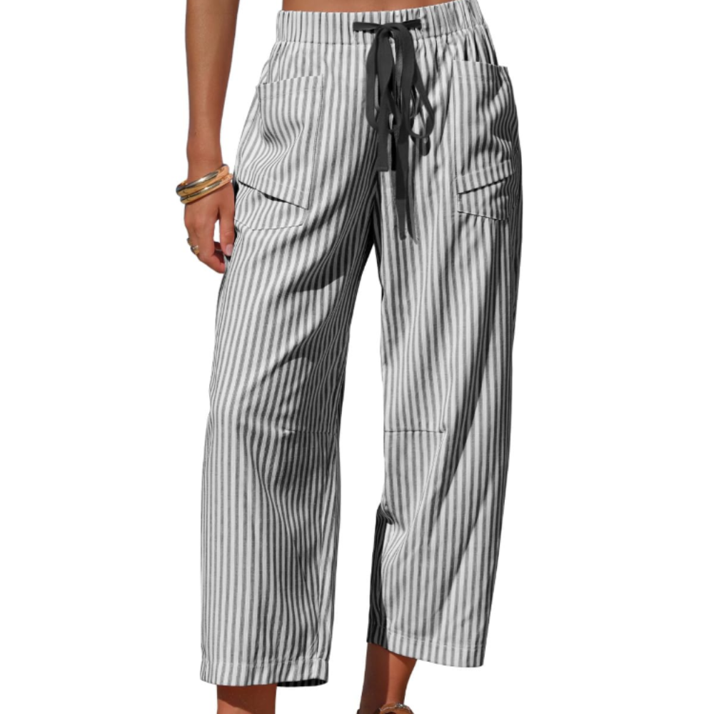 Eleanor Pantaloni Capri Donna – Modello Barrel a Righe con Coulisse e Tasche
